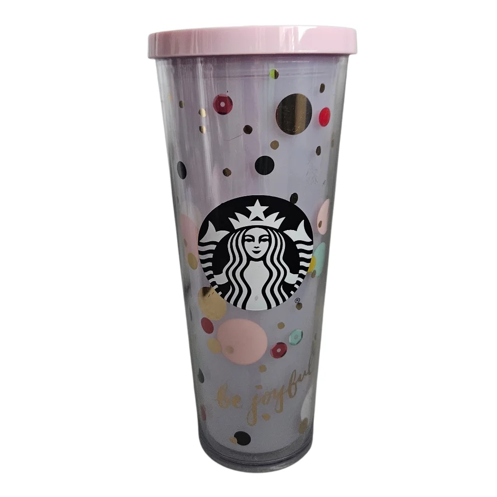 Starbucks Be Joyful Tumbler Cup 24oz Venti Polka Dot w/‎ Pink Lid 9